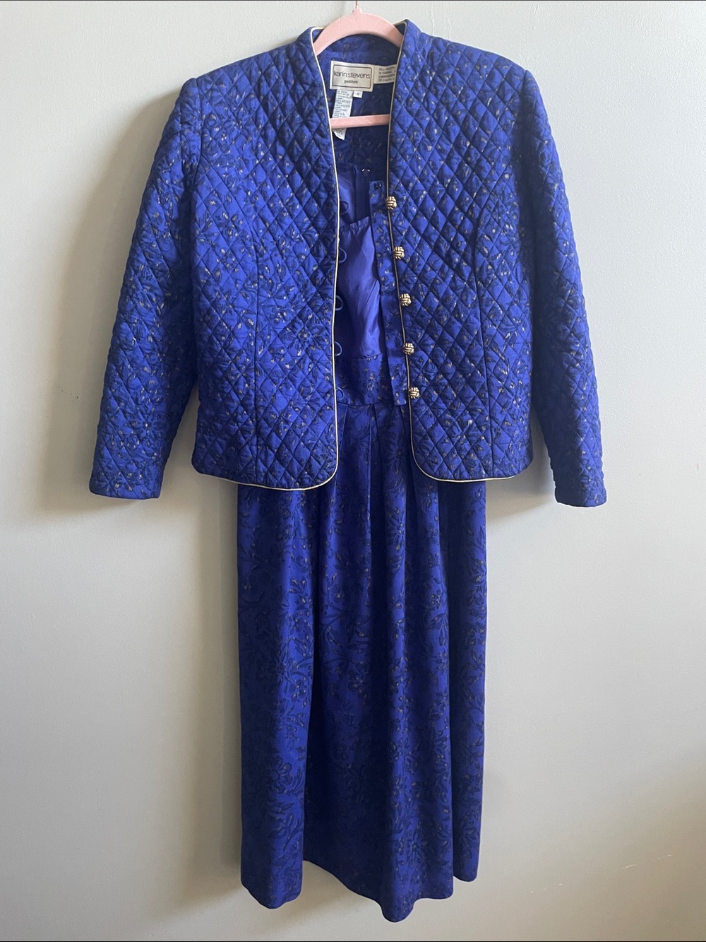 Vintage karin stevens Royal Blue Quilted Long Sleeve Dress and Jacket Set